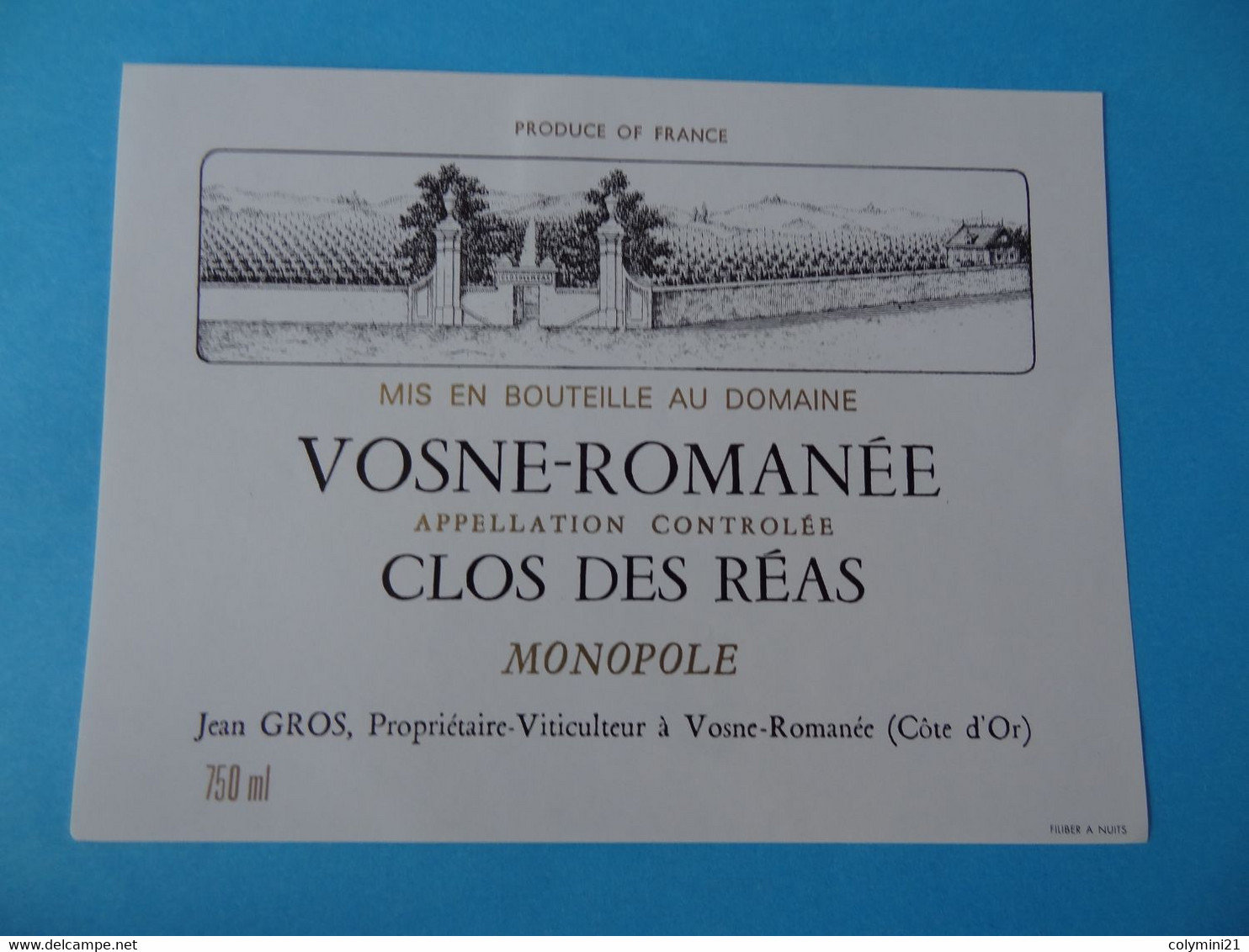 Etiquette Neuve Vosne Romanée Clos Des Réas Monopole Jean Gros - Bourgogne