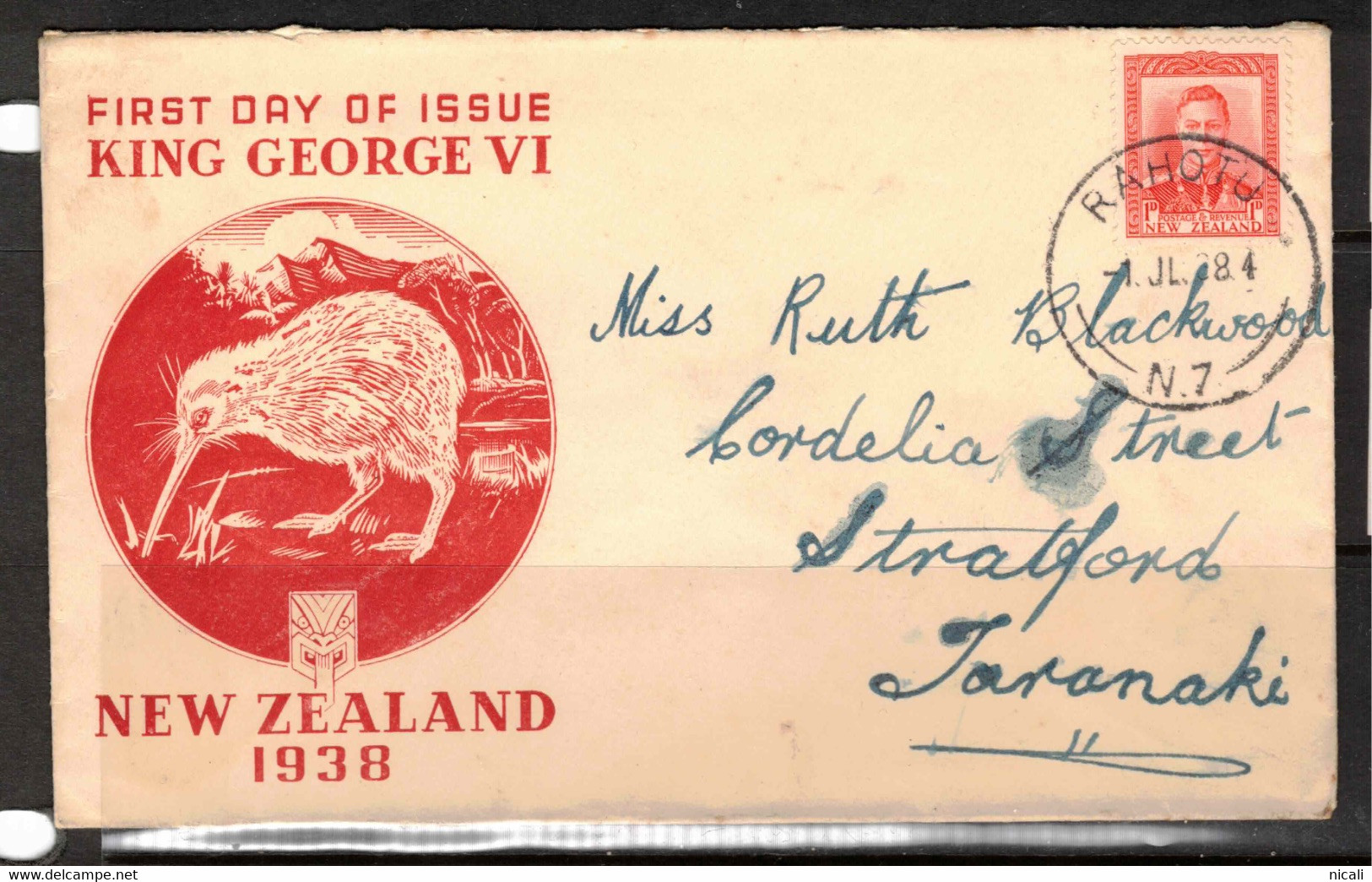 NZ 1938 1d KGVI FDC Pmk = Rahutu SG 605 U #BSG4 - Cartas & Documentos