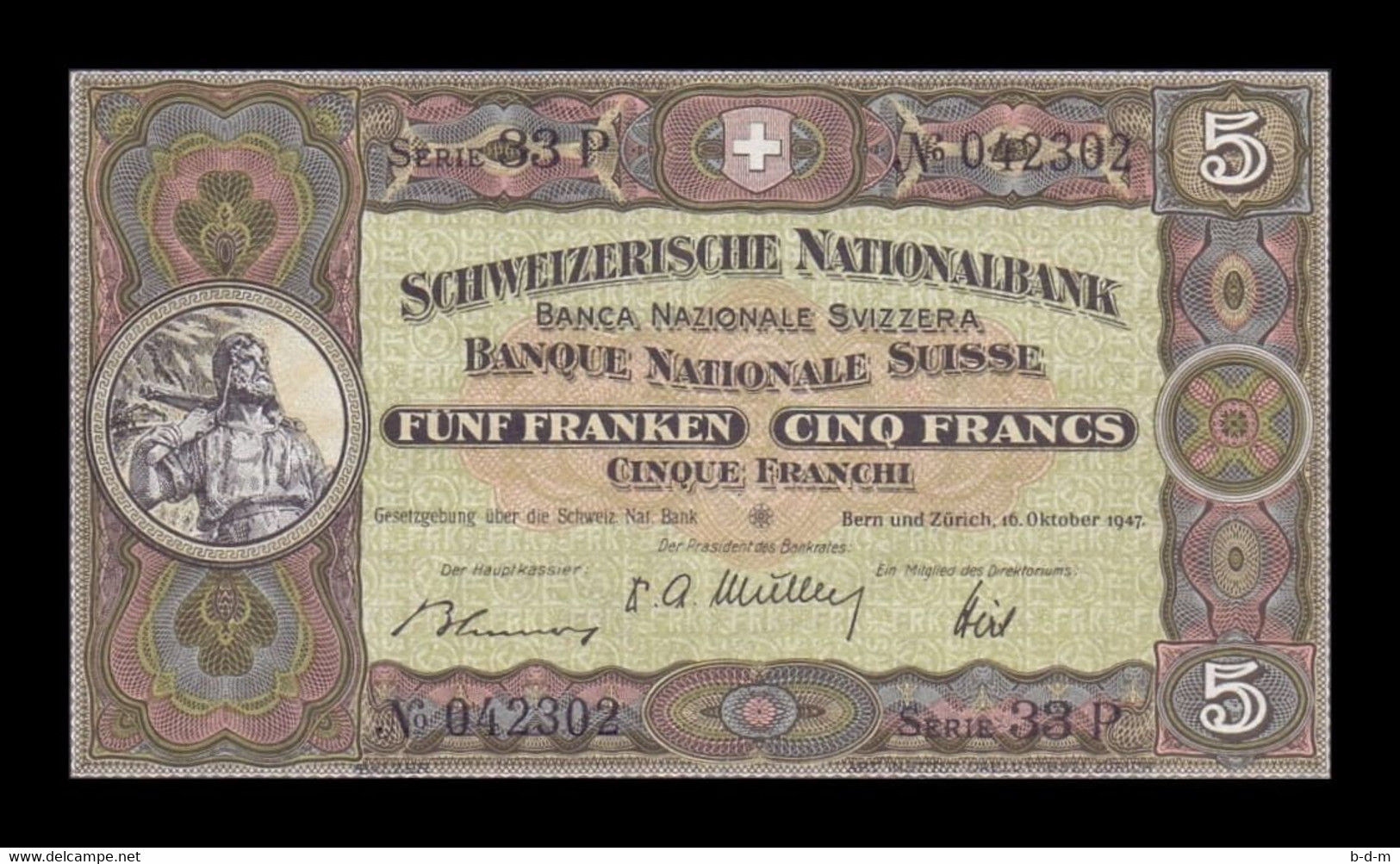 Suiza Switzerland 5 Francs 1947 Pick 11m (1) Serie 33 P EBC XF - Suisse