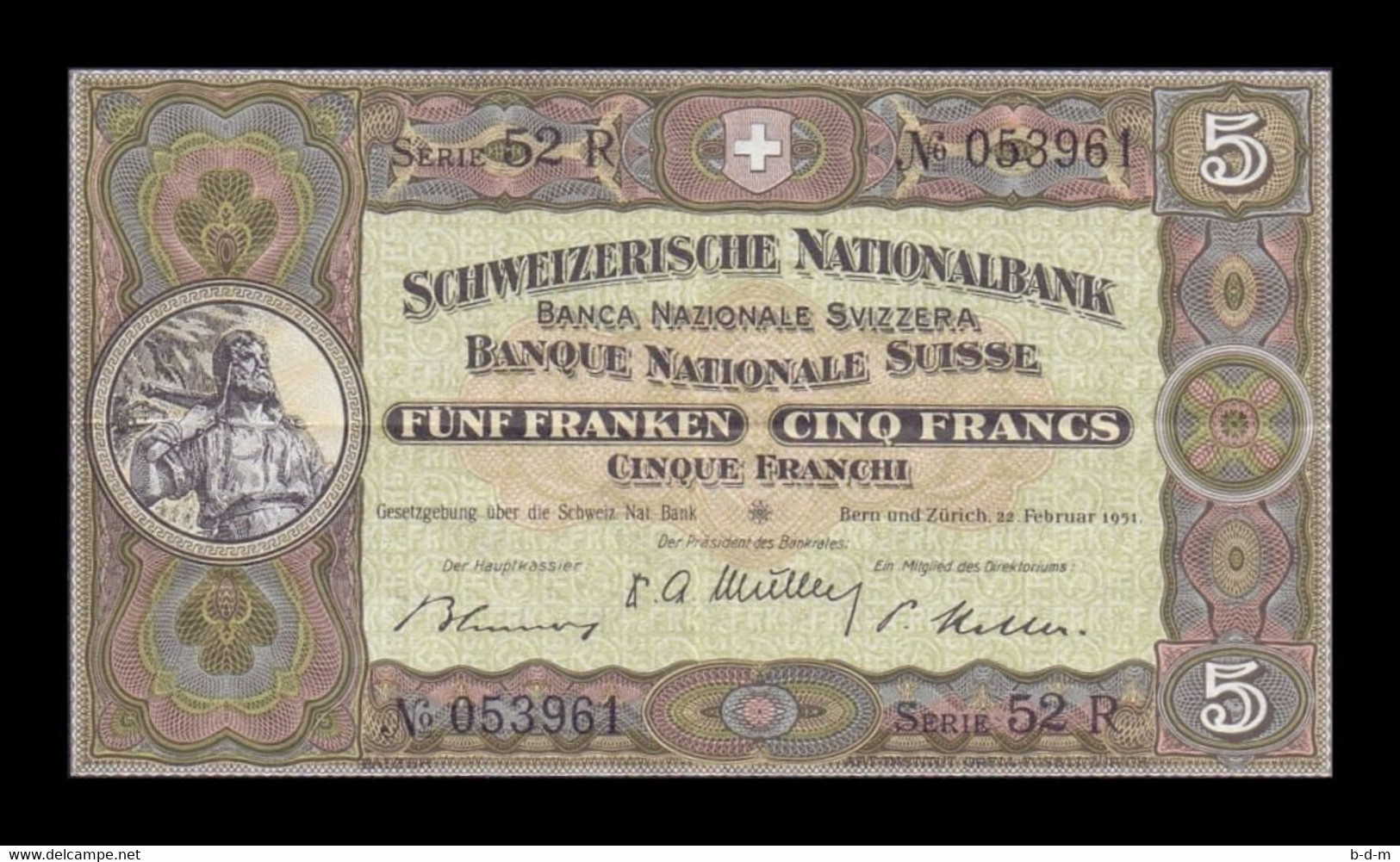 Suiza Switzerland 5 Francs 1951 Pick 11o (3) Serie 52 R EBC XF - Suisse