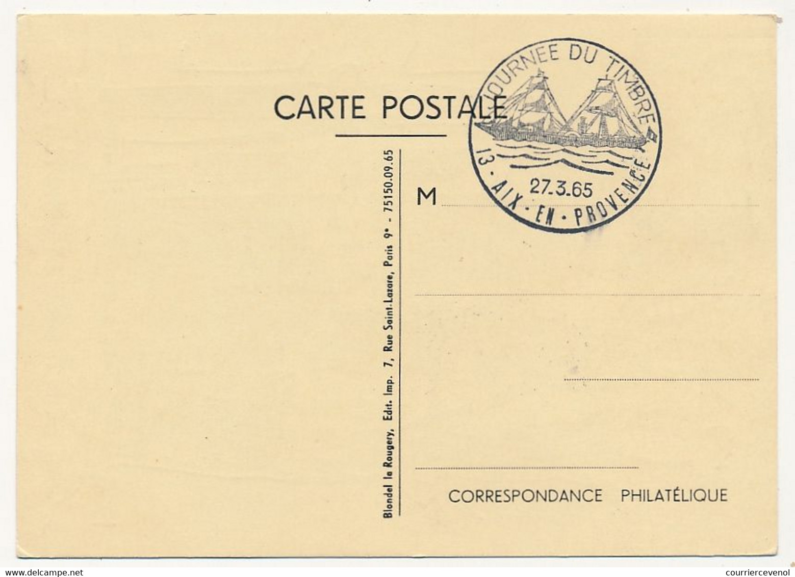 FRANCE - Carte Locale - Journée Du Timbre 1965 (La Guienne) - 13 AIX EN PROVENCE - 27 / 3 / 1965 - Giornata Del Francobollo