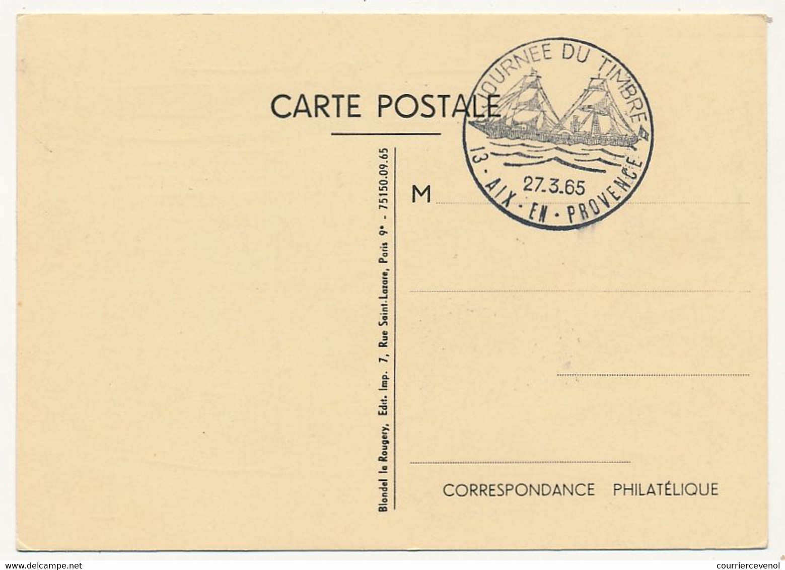 FRANCE - Carte Locale - Journée Du Timbre 1965 (La Guienne) - 13 AIX EN PROVENCE - 27 / 3 / 1965 - Tag Der Briefmarke