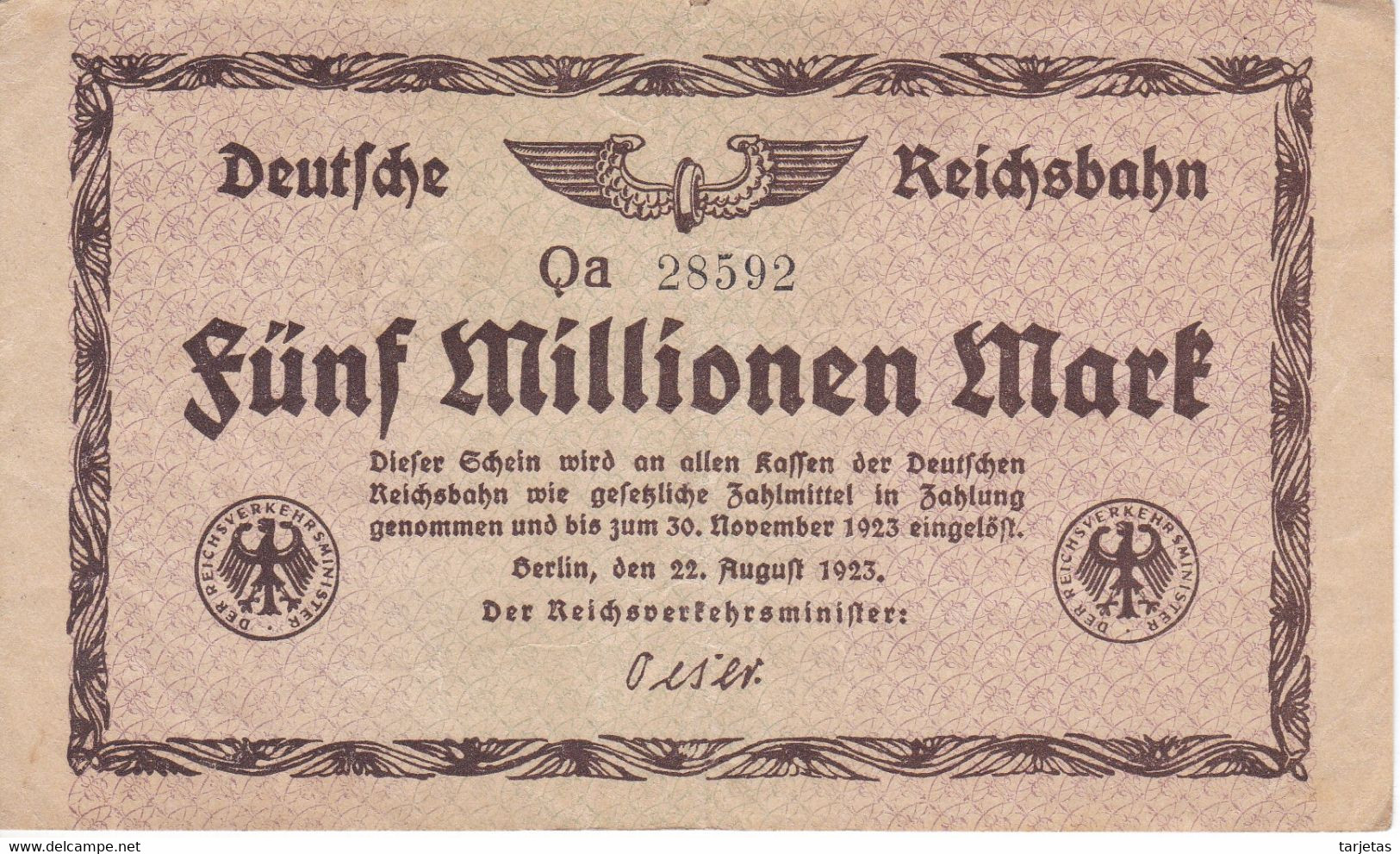 BILLETE DE ALEMANIA DE 5000000 MARK DEL AÑO 1923 (BANKNOTE) FUNF MILLIONEN - 5 Miljoen Mark