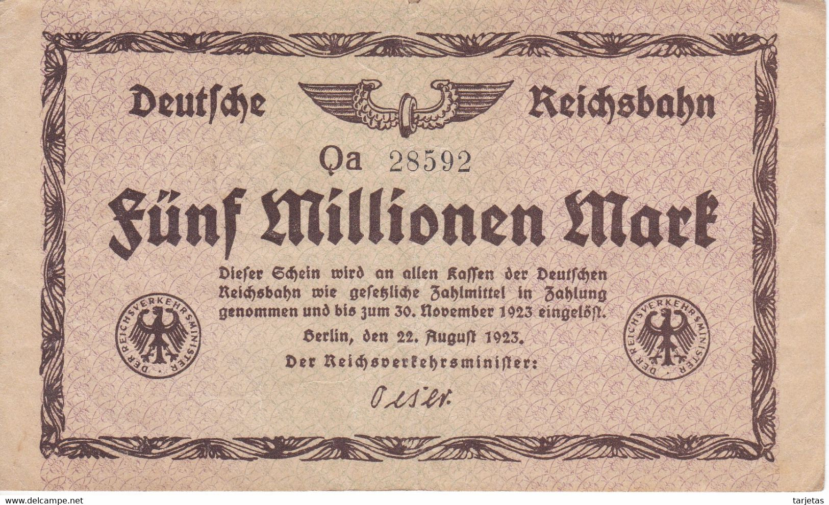 BILLETE DE ALEMANIA DE 5000000 MARK DEL AÑO 1923 (BANKNOTE) FUNF MILLIONEN - 5 Millionen Mark