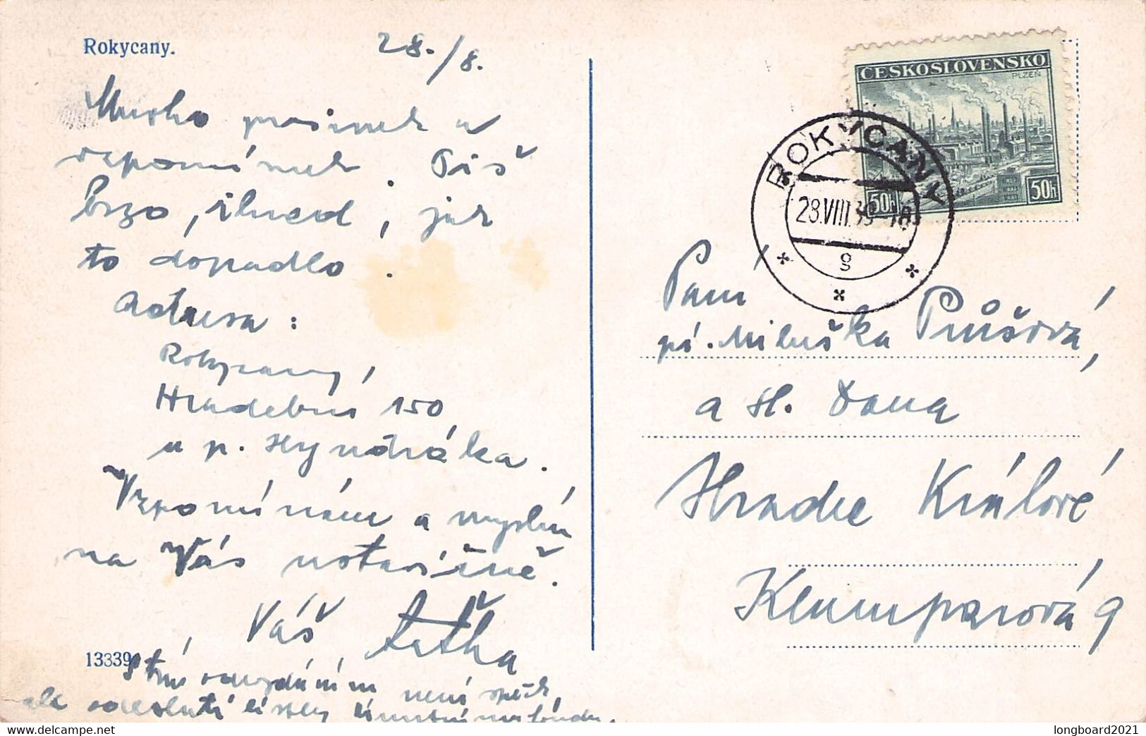 TSCHECHOSLOVAKIA - POSTKARTE 1939 ROKYCANY / P91 - Czech Republic