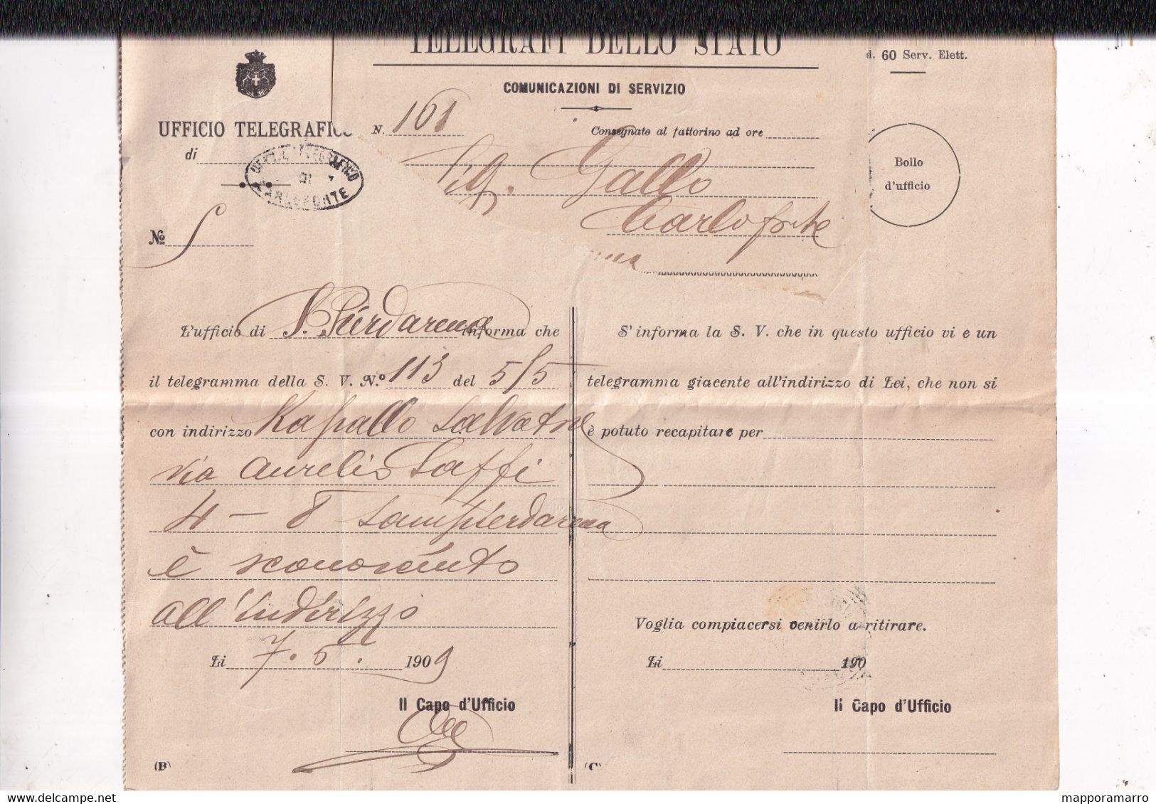 ITALIA 1909 -TELEGRAFO DELLO STATO-  DA CARLOFORTE CON NOTA POSTALE DI INDIRIZZO SCONOSCIUTO - Marcophilie