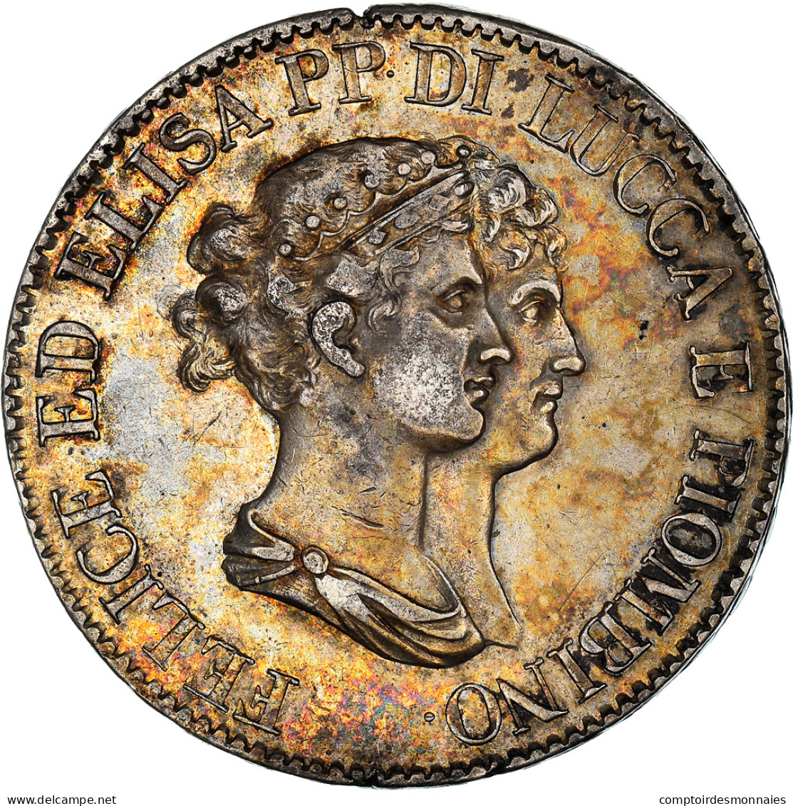 Monnaie, États Italiens, LUCCA, Felix And Elisa, 5 Franchi, 1807, Firenze, TTB - Lucca