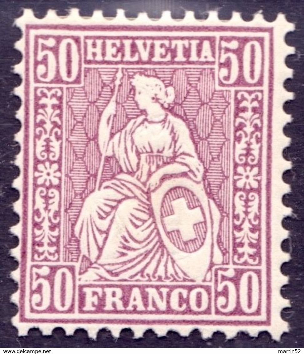 Schweiz Suisse HELVETIA 1867: Zu 43 Mi 35 Yv 48 - 50c Lila *Falzspur - Trace De Charnière - MLH (Zumstein CHF 70.00) - Ungebraucht