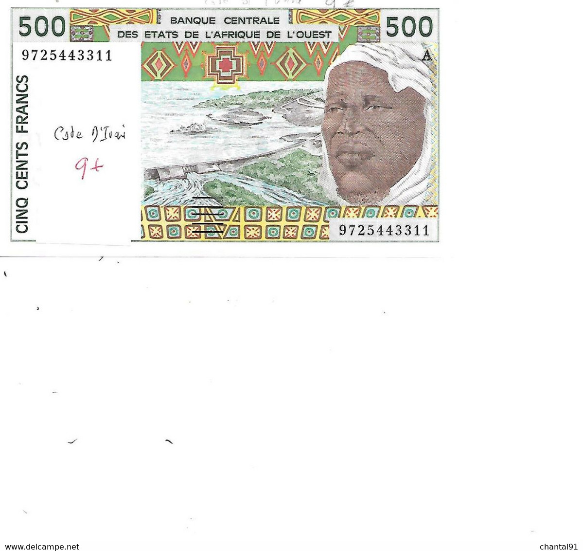 COTE D'IVOIRE  BILLET 500 FRANCS - Costa D'Avorio