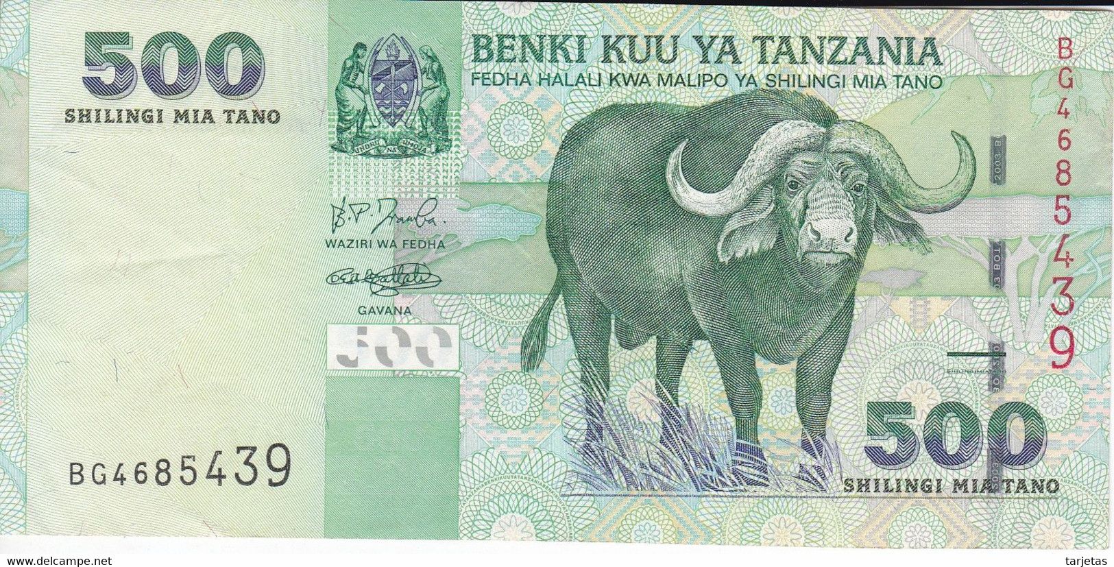 BILLETE DE TANZANIA DE 500 SHILINGI DE UN BUFALO DEL AÑO 2003 (BANKNOTE) - Tansania