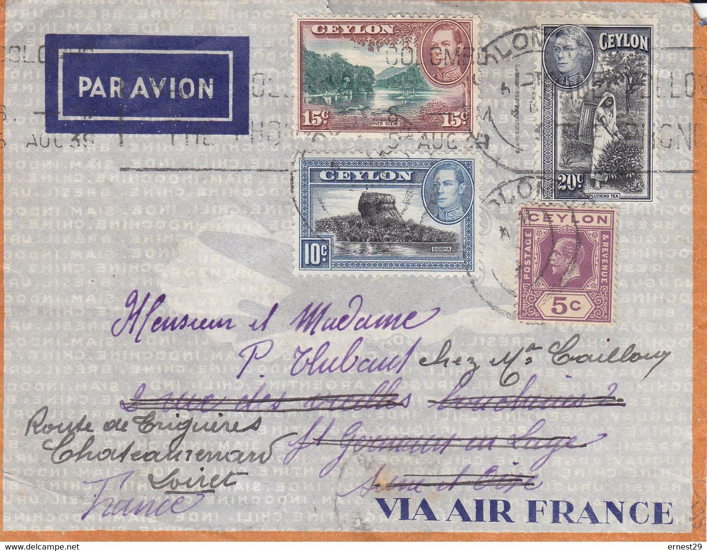 Lettre De Colombo Ceylan Sri Lanka De 1929 Pour La France Par Air France - Sri Lanka (Ceylan) (1948-...)