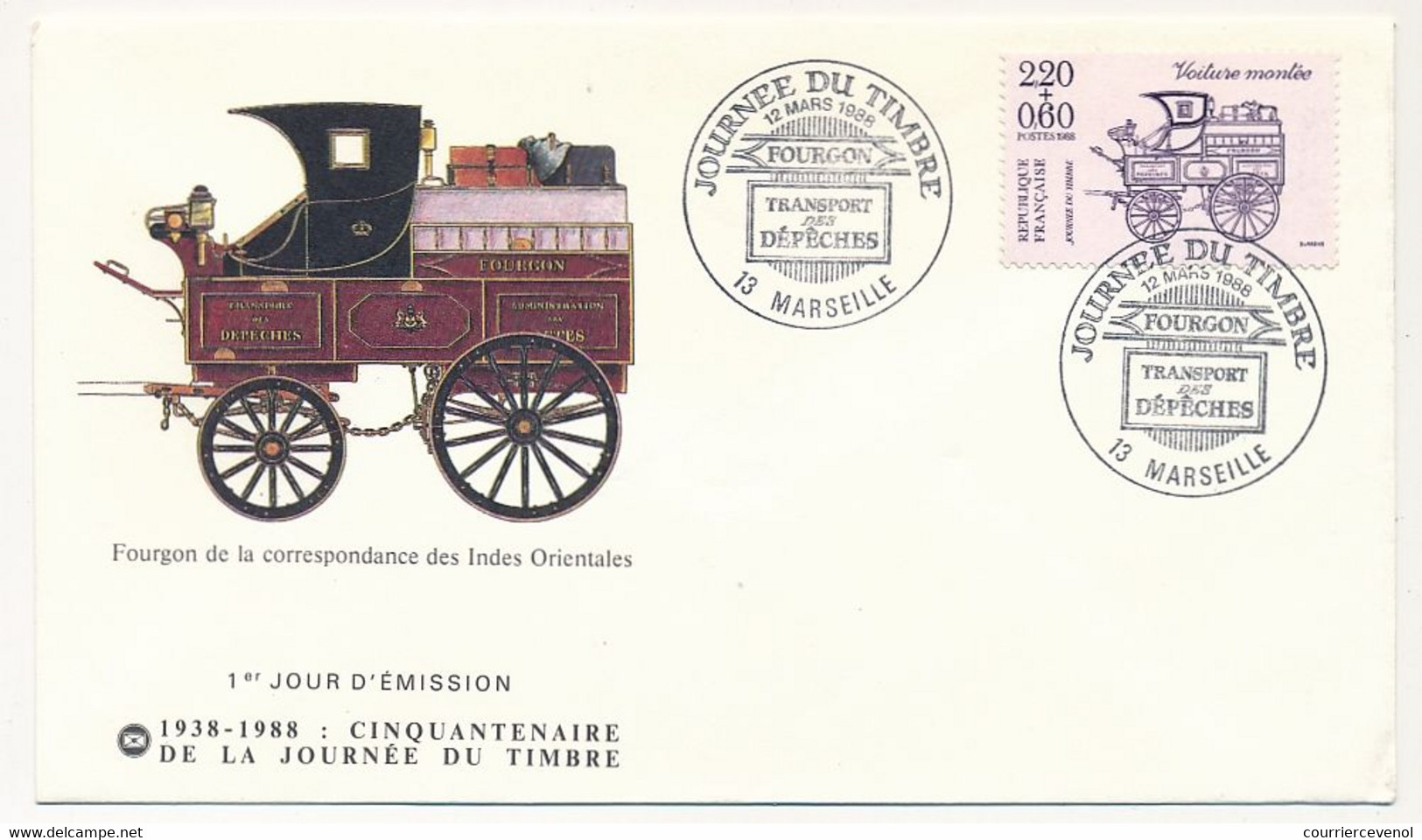 FRANCE - Enveloppe FDC - Journée Du Timbre 1988 - 2,20 + 0,60 Fourgon... - 13 MARSEILLE - 12 Mars 1988 - 1980-1989