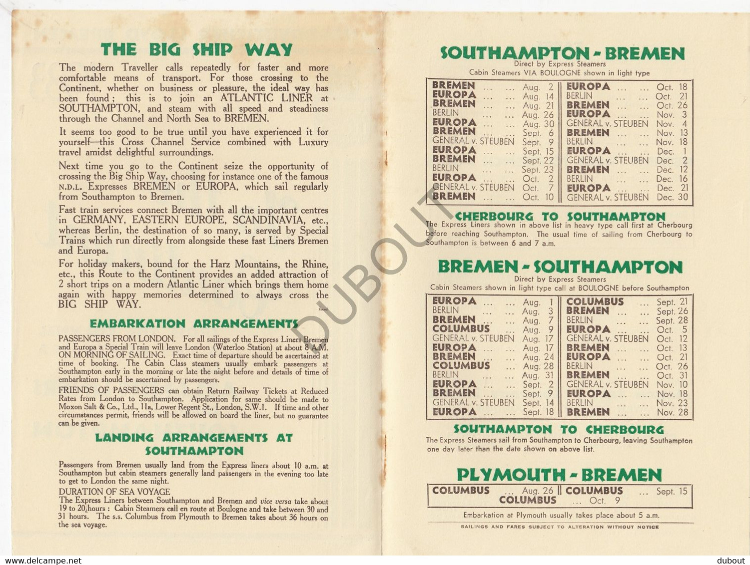 Navigation Norddeutscher Lloyd Bremen 1933 To The Continent On Atlantic Liners From Southampton (V34) - World