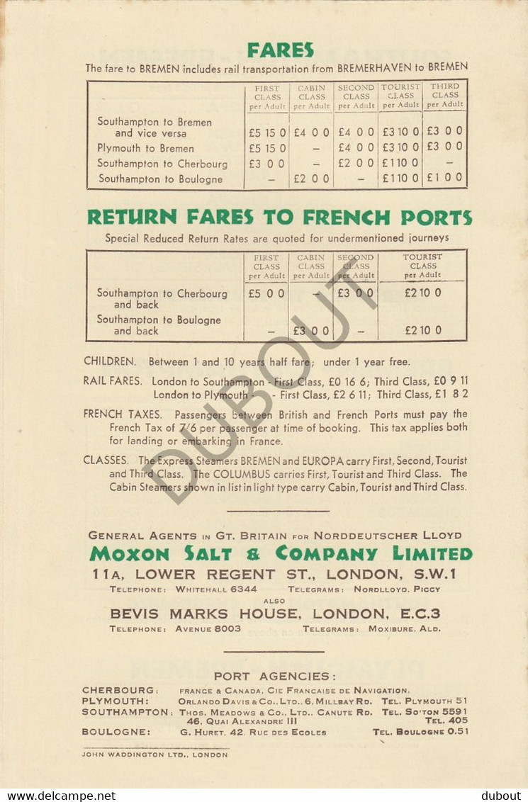 Navigation Norddeutscher Lloyd Bremen 1933 To The Continent On Atlantic Liners From Southampton (V34) - World