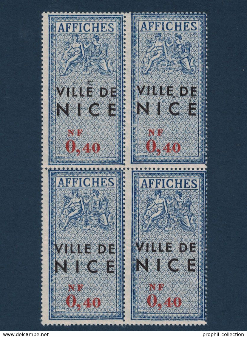 BLOC De 4 TIMBRES FISCAUX AFFICHES " VILLE DE NICE " VALEUR FACIALE 0,40 NF (VARIÉTÉ DOUBLE IMPRESSION LÉGÈRE) FISCAL - Sonstige & Ohne Zuordnung