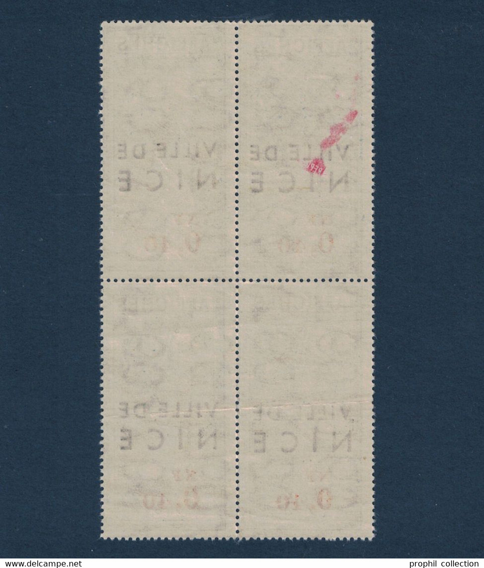 BLOC De 4 TIMBRES FISCAUX AFFICHES " VILLE DE NICE " VALEUR FACIALE 0,40 NF (VARIÉTÉ DOUBLE IMPRESSION LÉGÈRE) FISCAL - Altri & Non Classificati