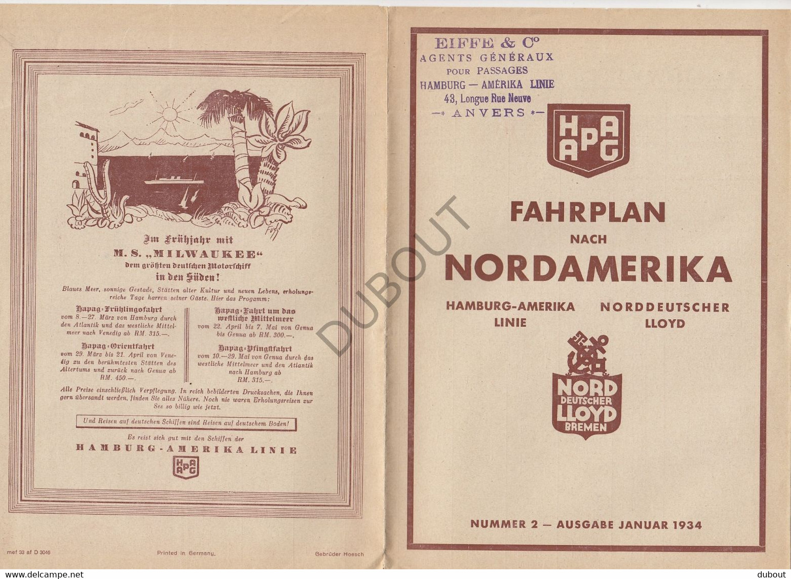 Navigation Hamburg-Amerika Linie - Norddeutscher Lloyd - Nordamerika Fahrplan 1934 Eiffe&Co Anvers (V43) - Mondo