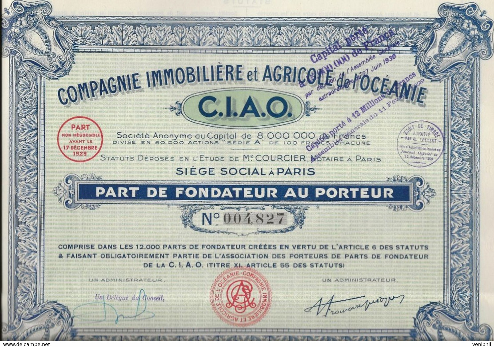 COMPAGNIE IMMOBILIERE ET AGRICOLE DE L'OCEANIE -PART DE FONDATEUR -ANNEE 1929 - Landwirtschaft