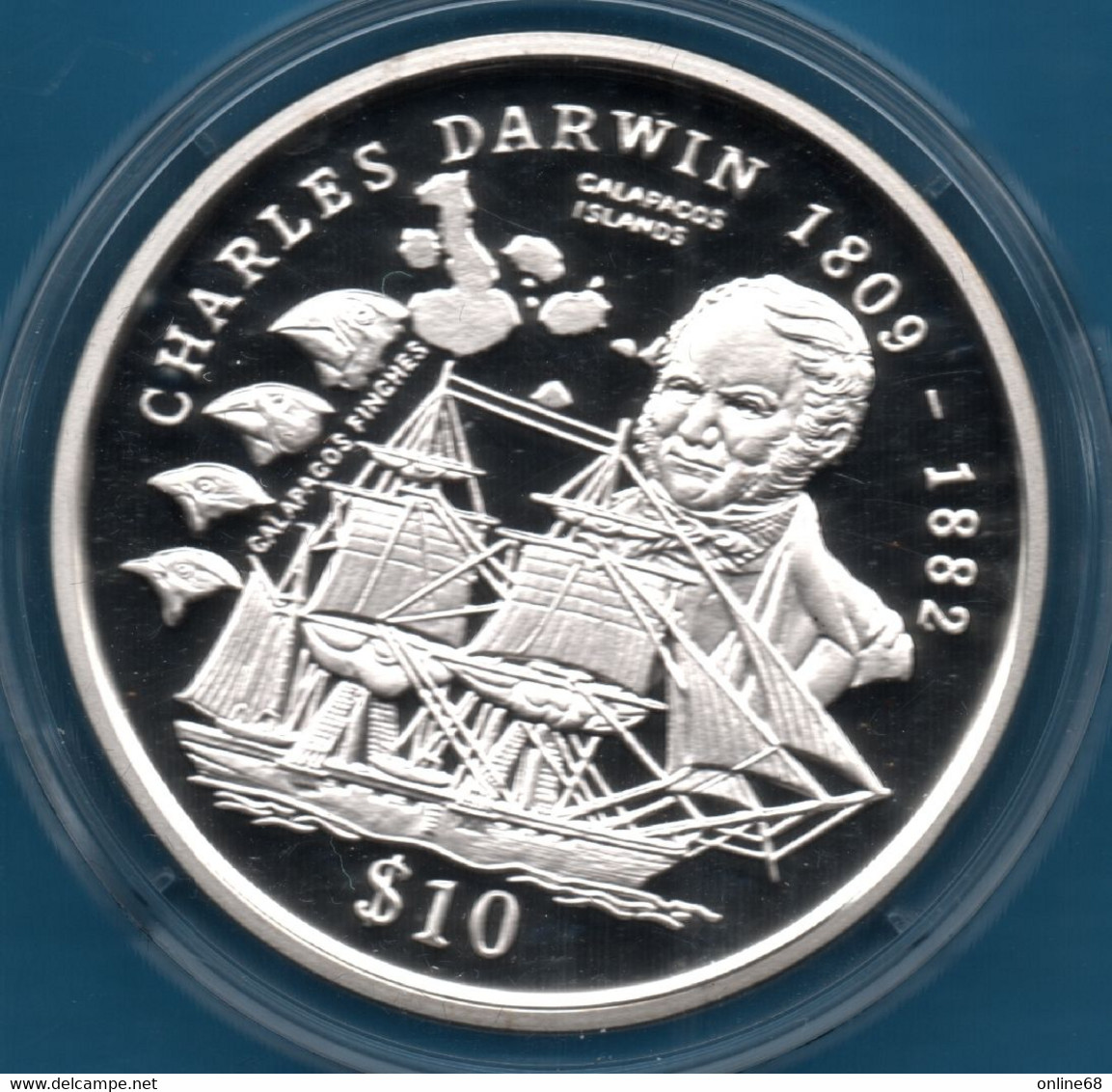 SIERRA LEONE 10 DOLLARS 1999  	KM# 116  Argent 925‰ Silver  PROOF Charles Darwin GALAPAGOS ISLANDS - Sierra Leone