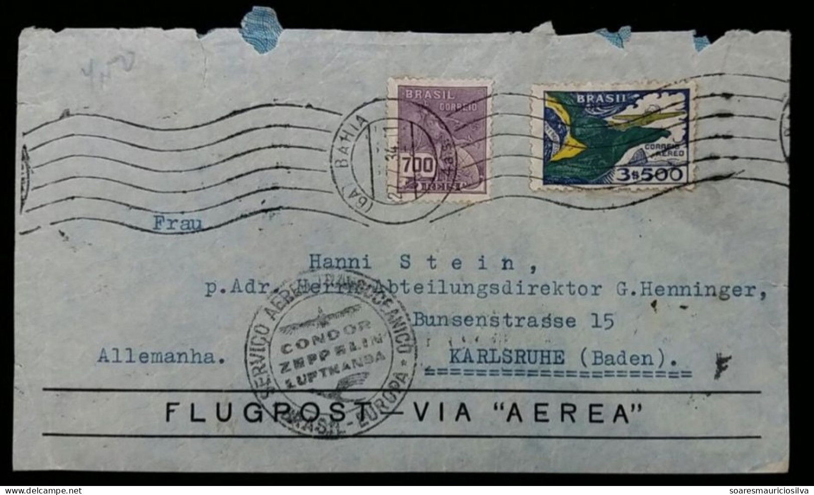 Brazil 1934 Transatlantic German Bank Airmail Cover Bahia To Karlsruhe Germany cancel Friedrichshafen Condor Zeppelin - Luchtpost (private Maatschappijen)