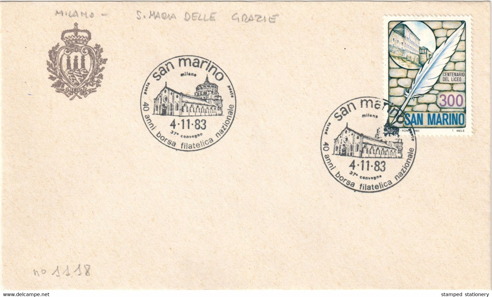 SAN MARINO BUSTA ANNULLO '40 ANNI BORSA FILATELICA NAZIONALE' 4.11.1983 - FRANCOBOLLO LICEO DI STATO - SASSONE 1118 - Covers & Documents