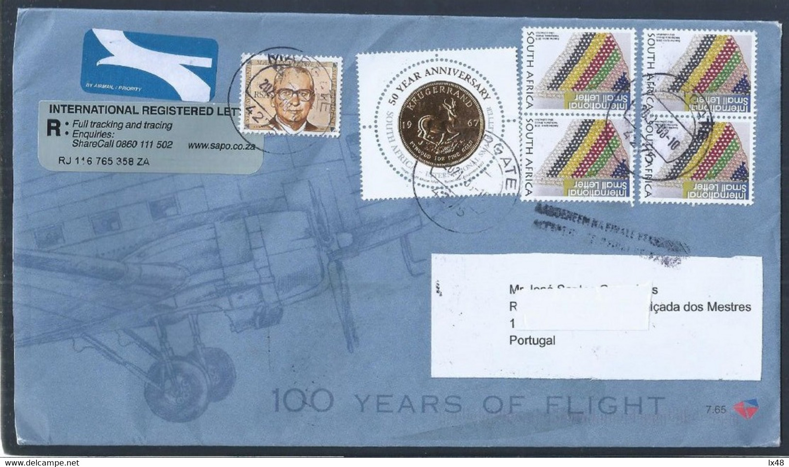 Registered Letter From South Africa. Stamp Gold 50 Years South Africa. Gazelle. Krugerrand. Aangetekende Brief Uit Zuid- - Storia Postale