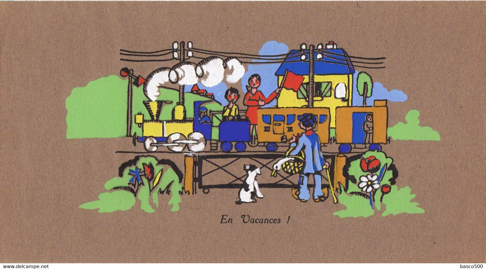 Très Grand Et Ancien Buvard Non Publicitaire 31 X 16 Cm - "EN VACANCES" Train Vapeur Gare Enfants..... - Transports