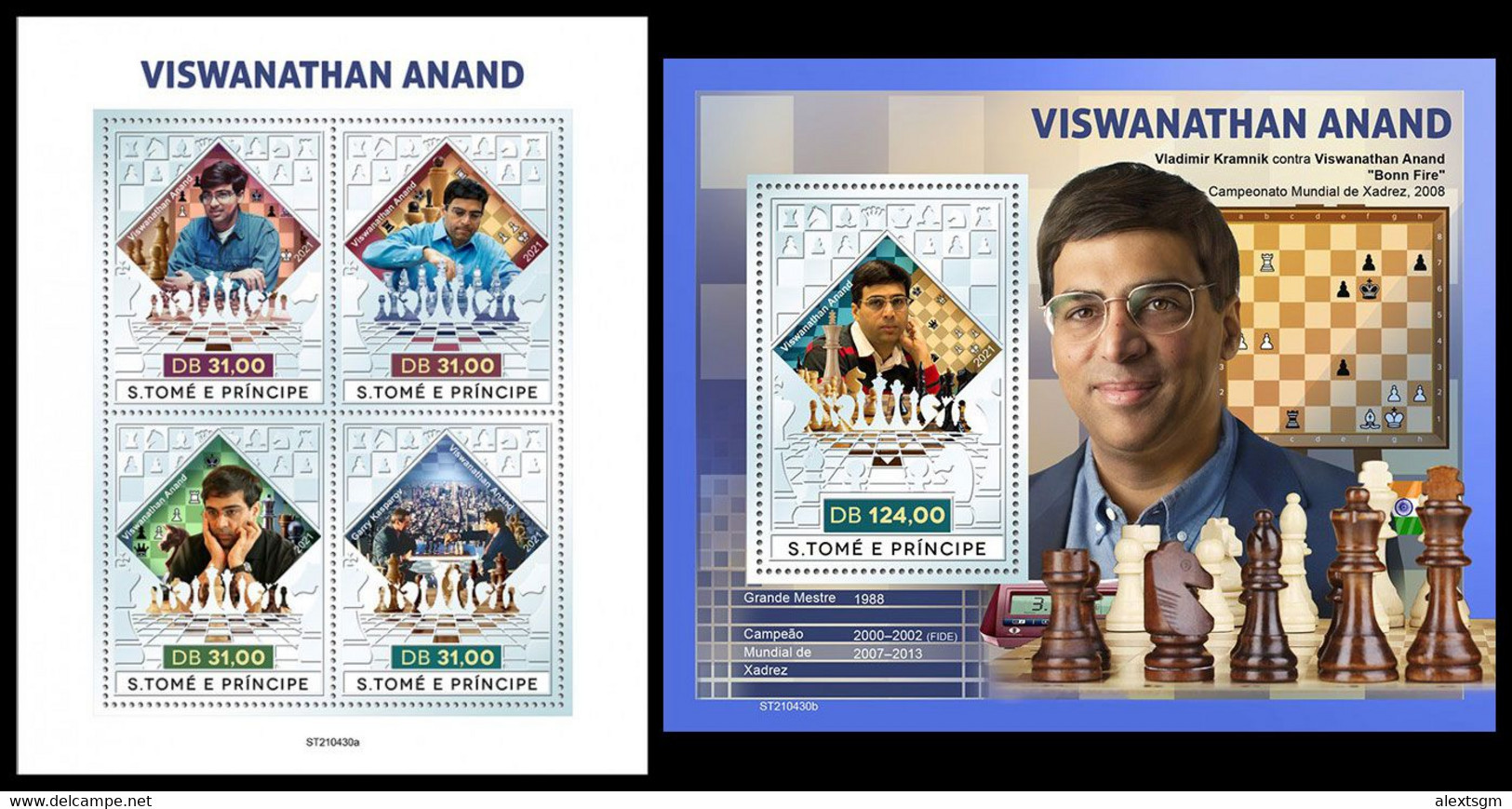 S. TOME & PRINCIPE 2021 - Viswanathan Anand, Chess (Silver), M/S + S/S. Official Issue [ST210430-s] - Chess