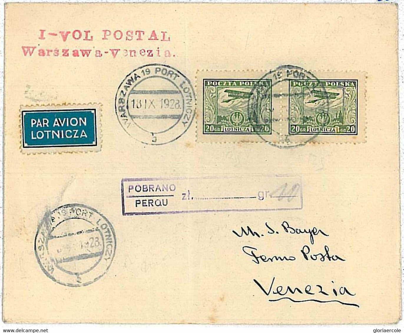 27317 - POLAND - POSTAL HISTORY - First Flight COVER - Warzsaw To Venice 1928 - Other & Unclassified