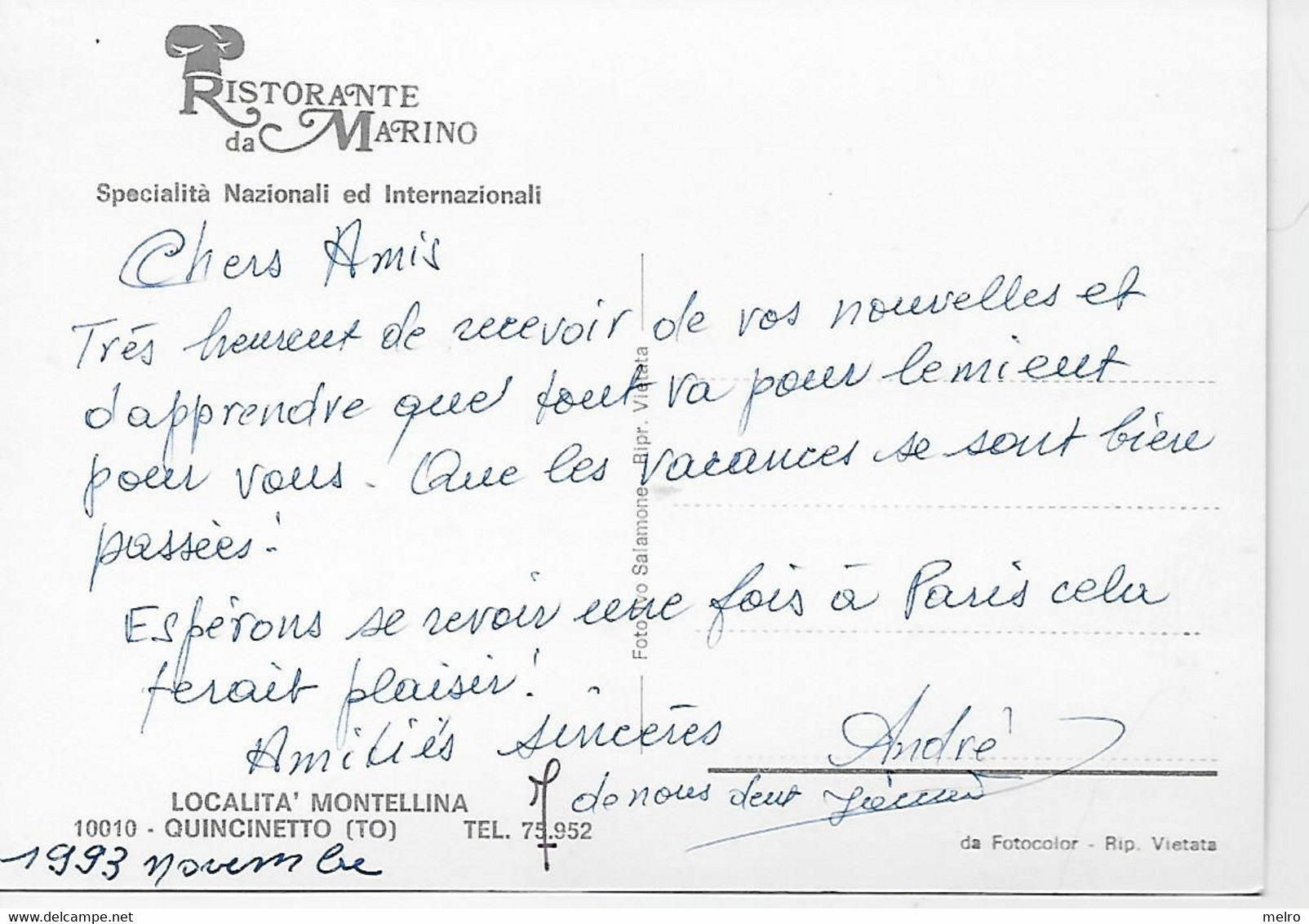 Cartolina - Italie - QUINCINETTO RISTORANTE DA MARINO 1993 - Bars, Hotels & Restaurants