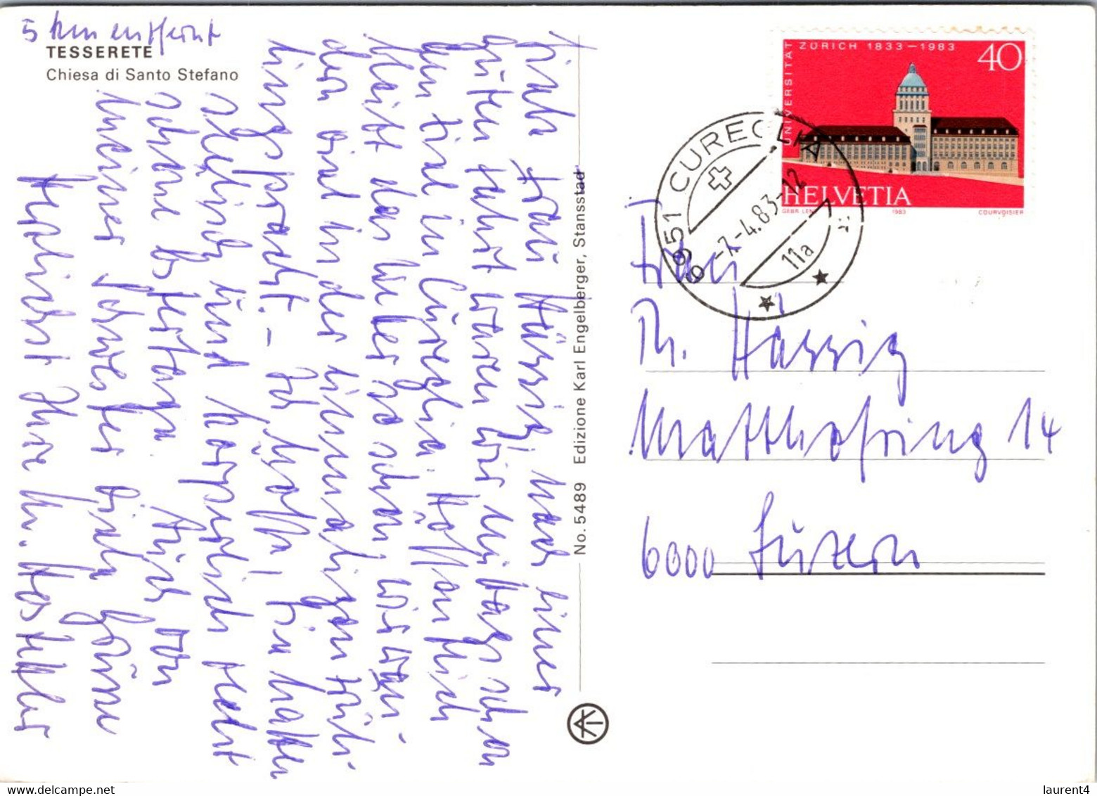 (4 A 2) Postcard - Switzerland (posted 1983) Tesserete - Church - Tesserete 