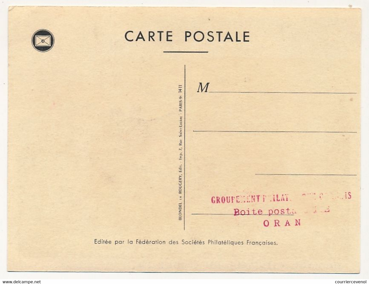 FRANCE => Carte Fédérale - Journée Du Timbre 1957 - Service Maritime Postal - ORAN - 16 Mars 1957 - Tarjetas – Máxima