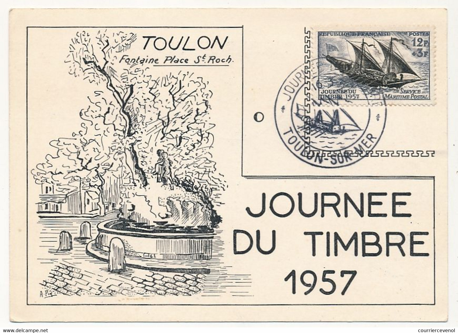 FRANCE - Carte Locale - Journée Du Timbre 1957 - Service Maritime Postal - TOULON-SUR-MER - 16/3/1957 - Vignette Au Dos - Día Del Sello