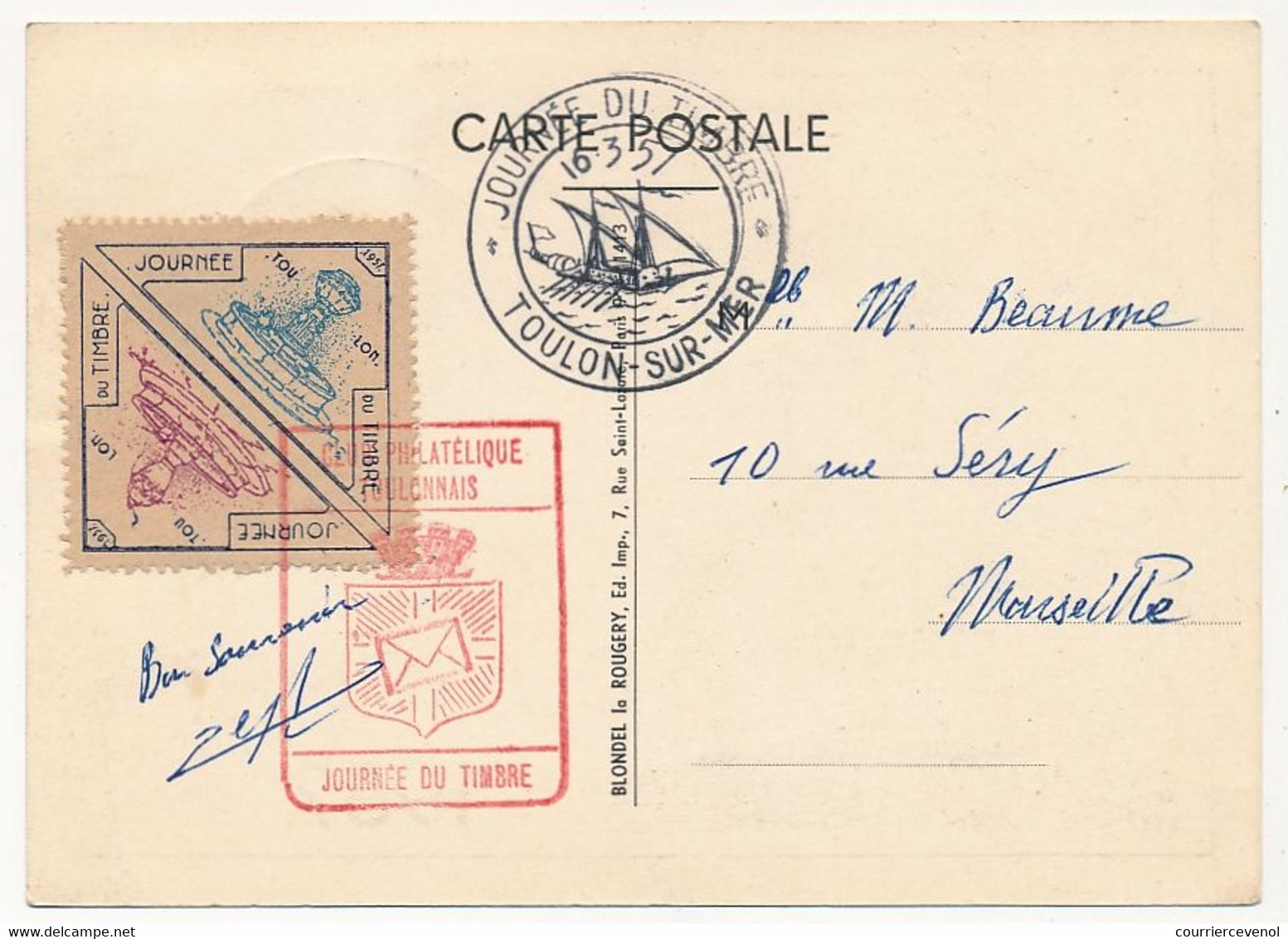 FRANCE - Carte Locale - Journée Du Timbre 1957 - Service Maritime Postal - TOULON-SUR-MER - 16/3/1957 - Vignette Au Dos - Journée Du Timbre