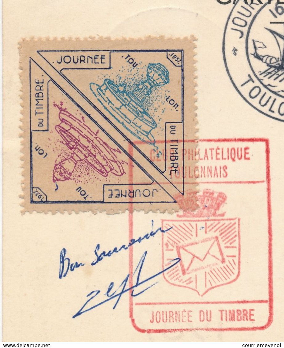 FRANCE - Carte Locale - Journée Du Timbre 1957 - Service Maritime Postal - TOULON-SUR-MER - 16/3/1957 - Vignette Au Dos - Giornata Del Francobollo