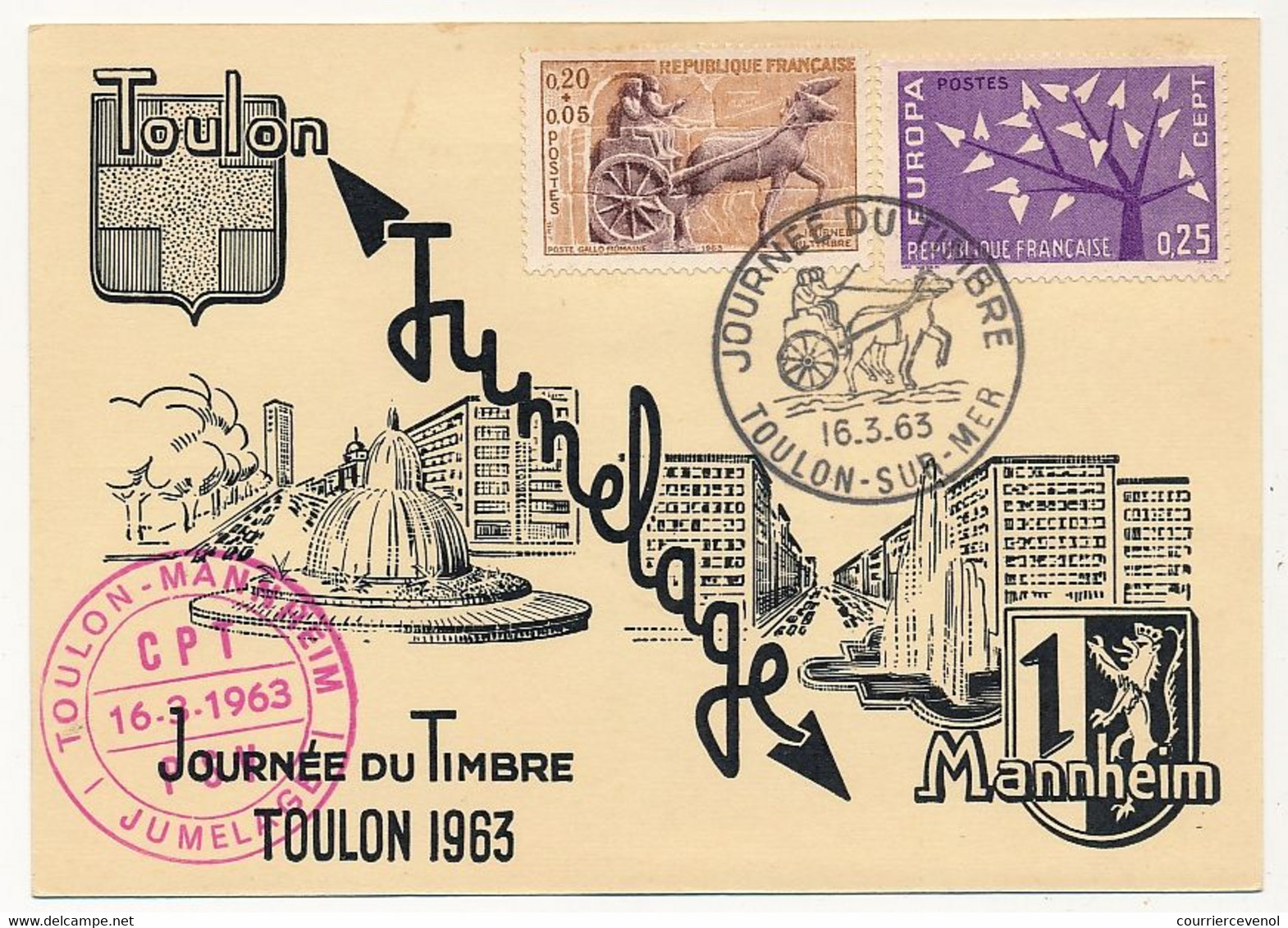 FRANCE - Carte Locale - Journée Du Timbre 1963 - Poste Gallo-Romaine - TOULON-SUR-MER - 16/3/1963 - Vignette Au Dos - Tag Der Briefmarke