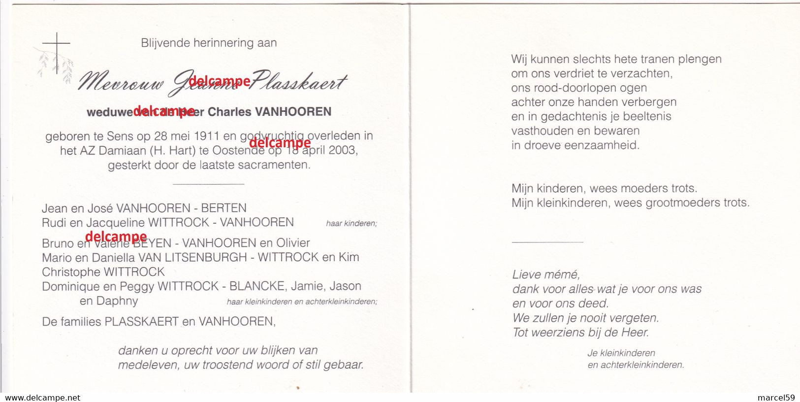 Doodsprentje Jeanne Plasskaert Sens 1911en Overleden Te Oostende 2003 Vanhooren Charles Berten Beyen - Devotion Images