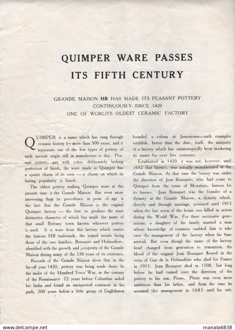 The History Of Quimper Ware La Grande Maison HB Faiencerie Bretonne - Non Classés