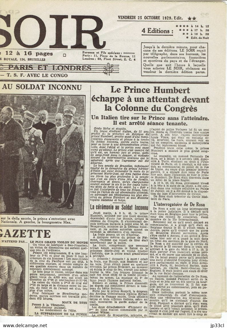 Attentat Contre Le Prince Humbert (fac-similé De La Une Du Journal Le Soir, Belgique) Du 25/10/1929 - Documents Historiques