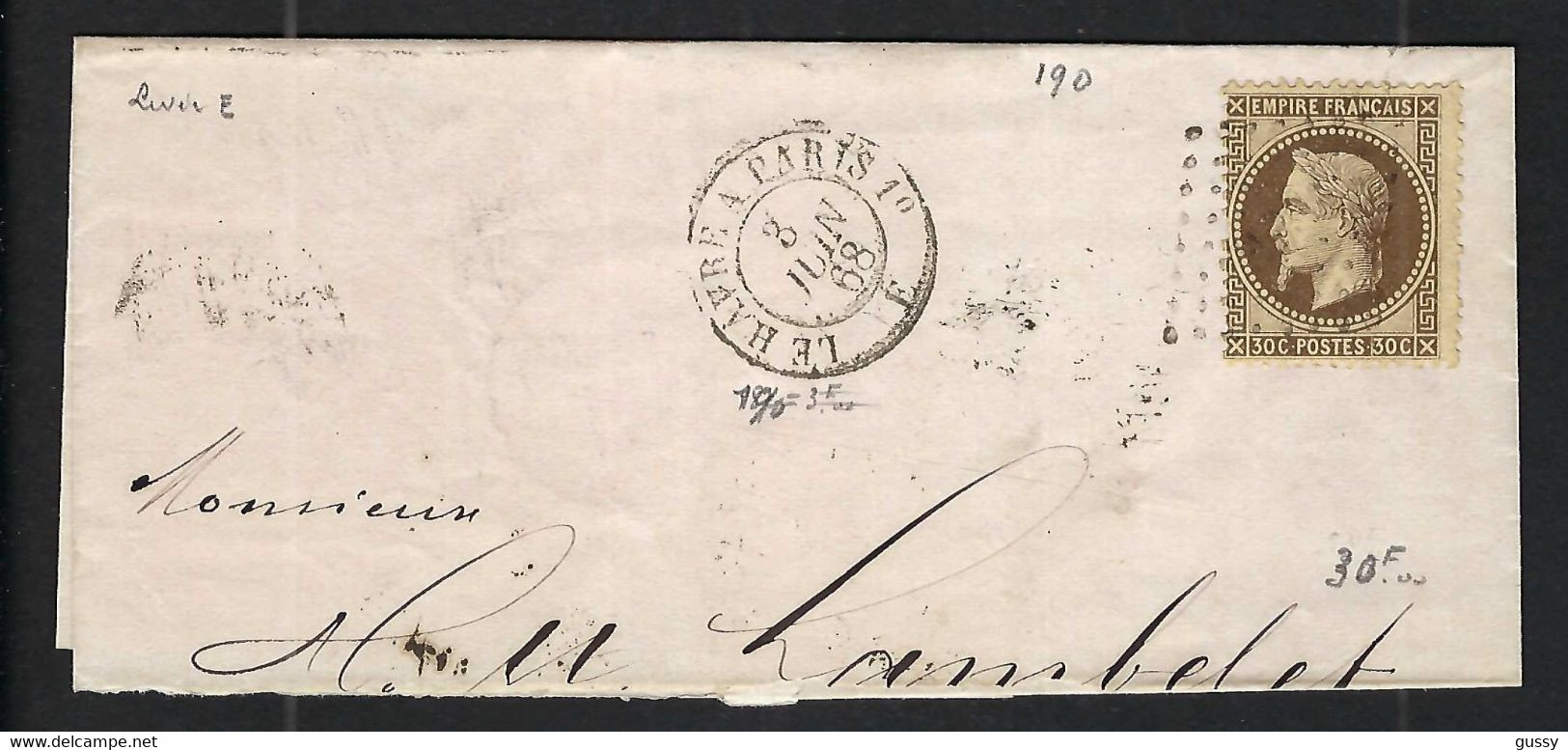 FRANCE Classique: LSC Partielle Du Havre Pour La Suisse Avec Y&T30, Obl. Amb. "HP1o" Et CAD "Le Havre à Paris 1o" - 1863-1870 Napoleon III With Laurels