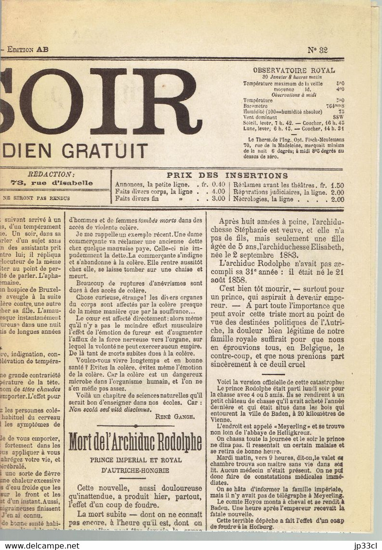 Mort De L'Archiduc Rodolphe (fac-similé De La Une Du Journal Le Soir, Belgique) Du 1/2/1889 - Historical Documents