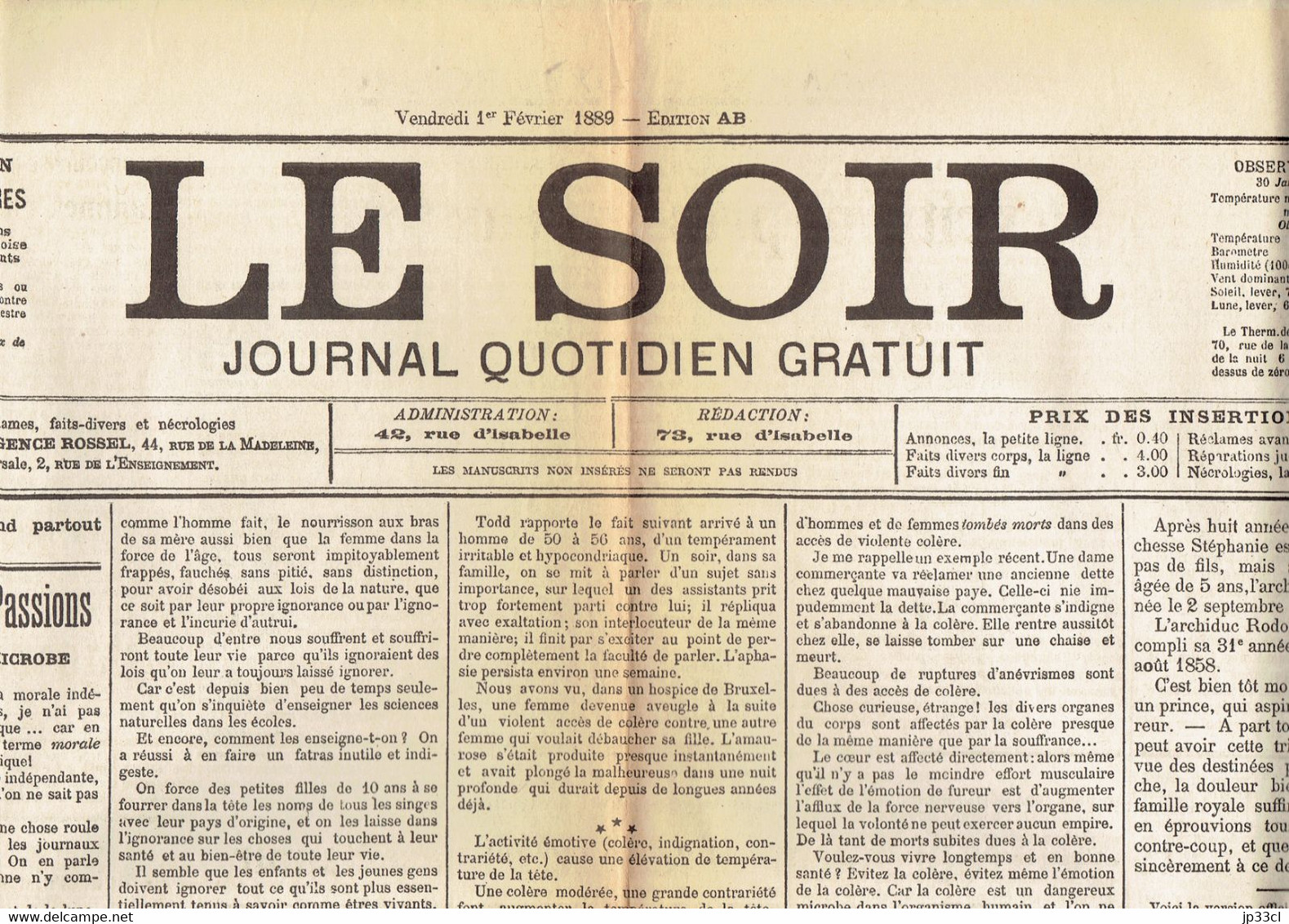 Mort De L'Archiduc Rodolphe (fac-similé De La Une Du Journal Le Soir, Belgique) Du 1/2/1889 - Historical Documents