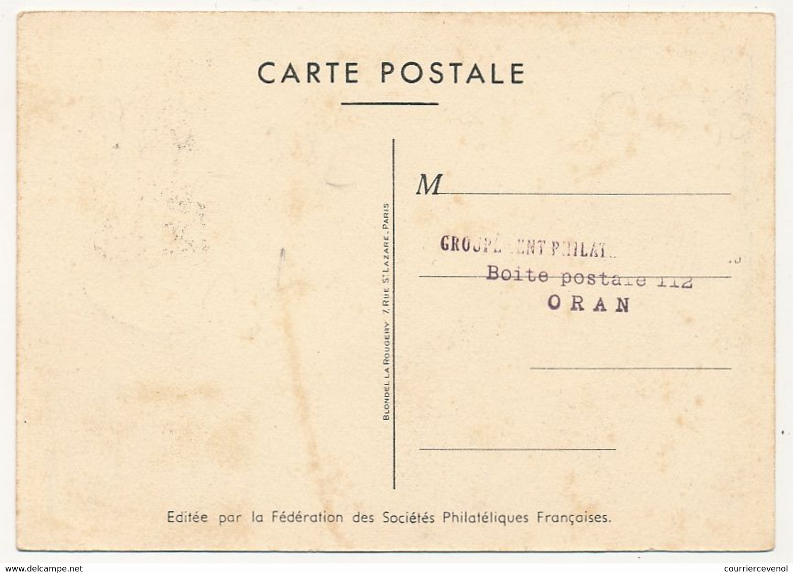 ALGERIE - Carte Fédérale - Journée Du Timbre 1950 - ORAN - Tag Der Briefmarke