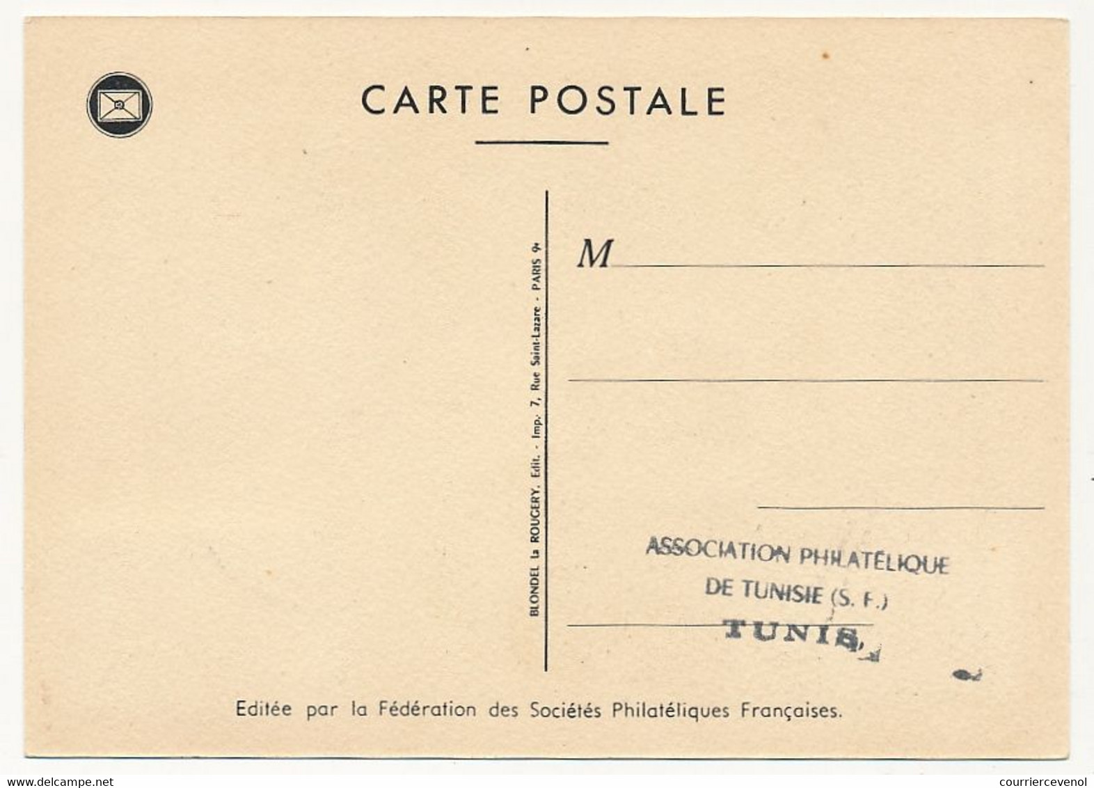 TUNISIE - Carte Fédérale - Journée Du Timbre 1954 - TUNIS - Journée Du Timbre