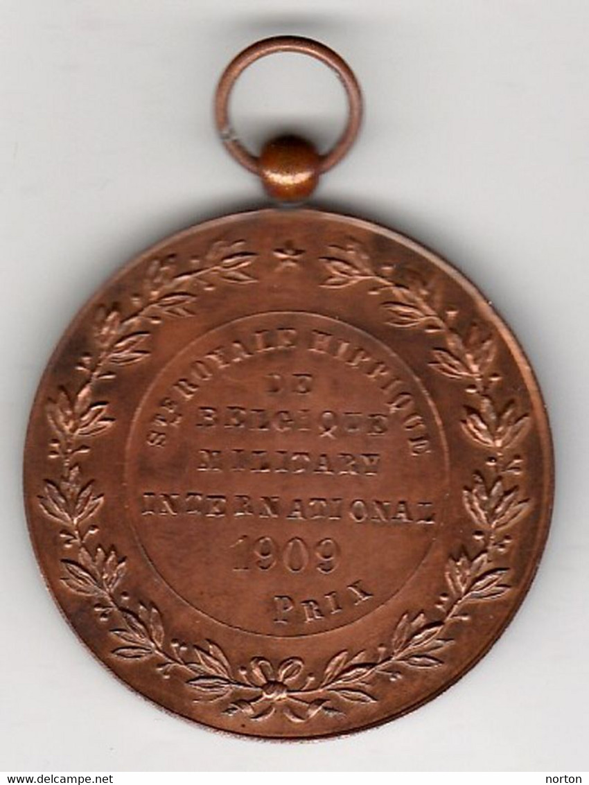 Médaille Léopold II – Société Royale Hippique De Belgique Military International 1909  Par Joseph Fisch, 50 Mm Cuivre - Autres & Non Classés