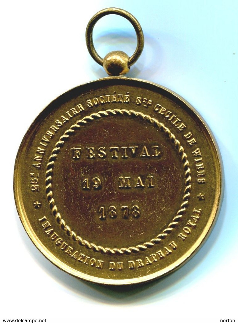 Médaille Léopold II Société Sainte Cécile De Wiers 1878, 46 Mm, 25 éme Anniversaire Et Inauguration Du Drapeau Royal - Other & Unclassified