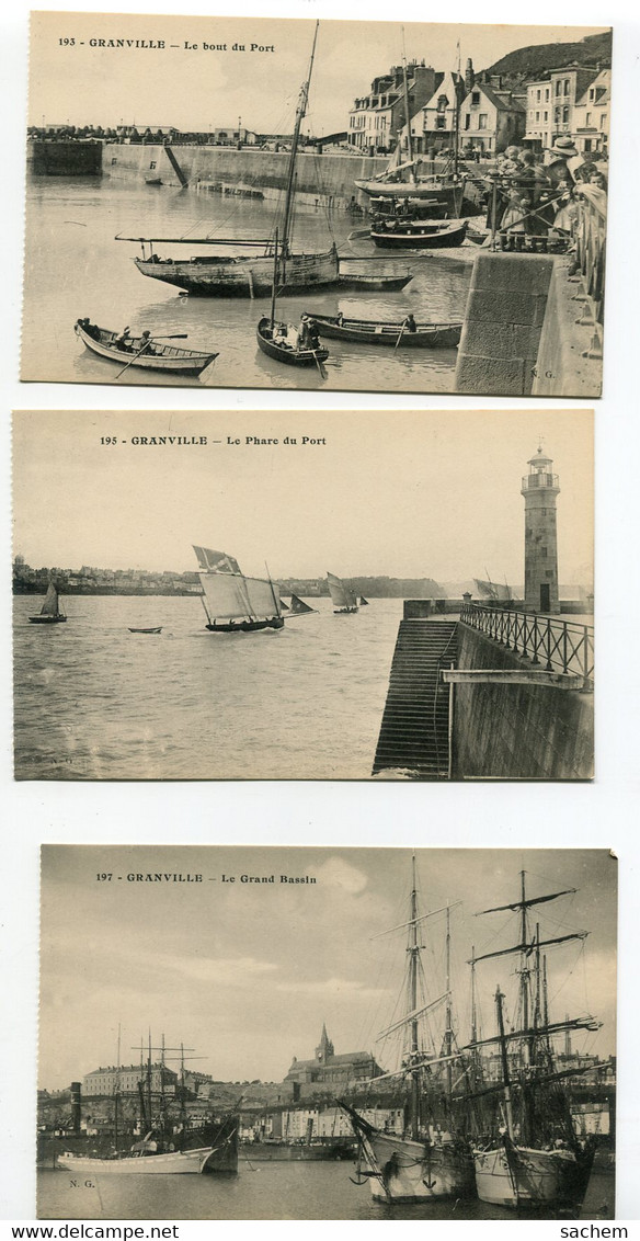 50 GRANVILLE 3 Cartes  Port Grand Bassin Voiliers Phare Du Port Jetée  Quai Bout Du Port Anim  1910    /D18  2021 - Granville