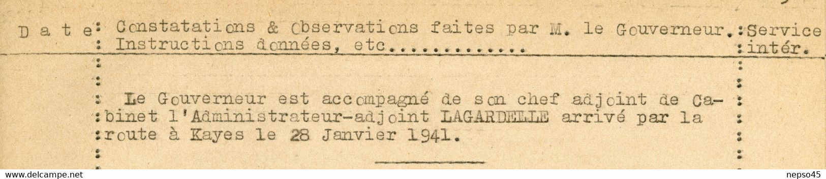 Jean Rapenne Gouverneur du Soudan.Journal de Marche du 28 01 au 07 02 1941.dans les cercles de Kayes Kita.