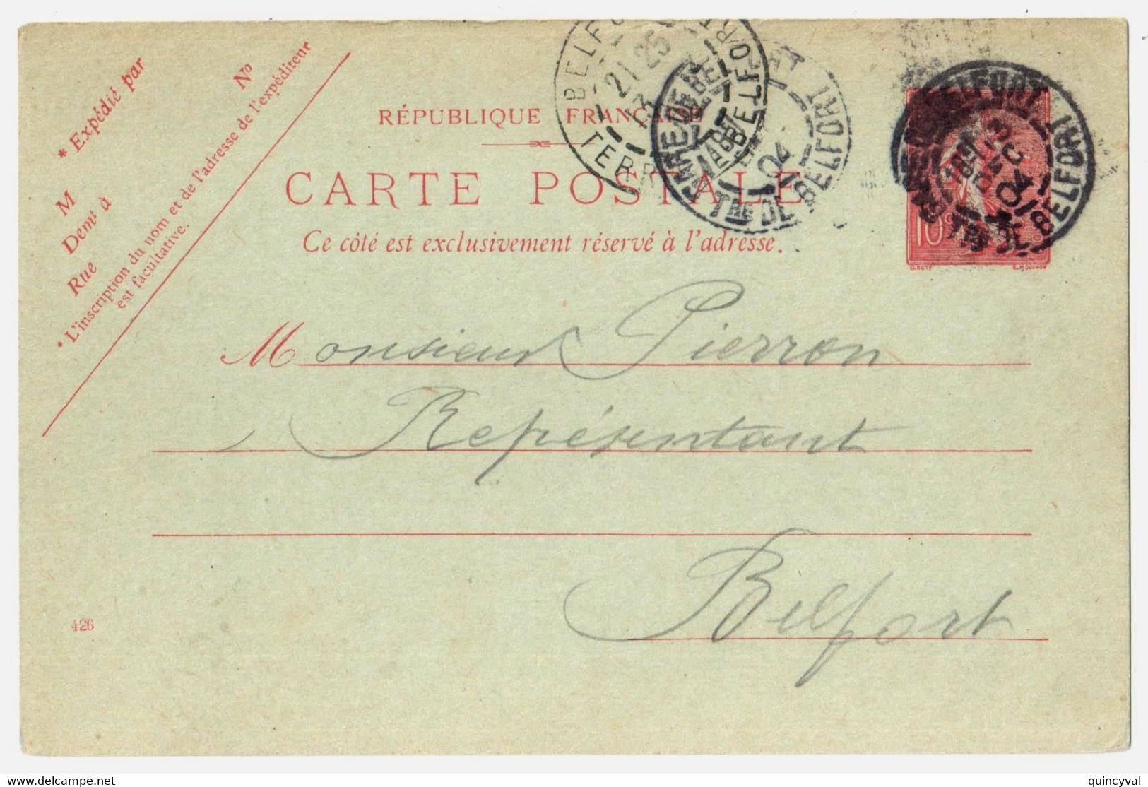 GARE De BELFORT Carte Postale Entier 10 C Semeuse Lignée Rose Sur Vert Yv 129-CP1 Storch A1 Date 426 Ob 1904 - Standard Postcards & Stamped On Demand (before 1995)
