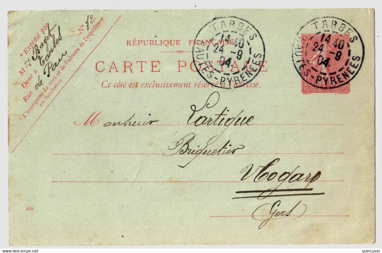 TARBES Hautes Pyrénées Carte Postale Entier 10 C Semeuse Lignée Rose Sur Vert Yv 129-CP1 Storch A1 Date 408 Ob 1904 - Standard Postcards & Stamped On Demand (before 1995)